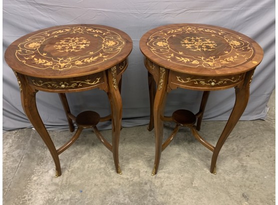 Pair Of Round Inlaid One Drawer Stands
