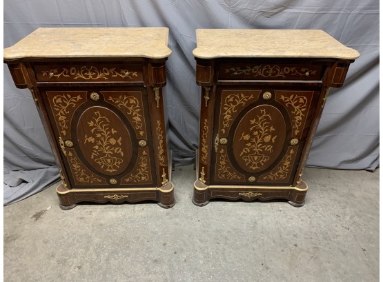 Pair Of Small Inlaid Marble Top Commodes