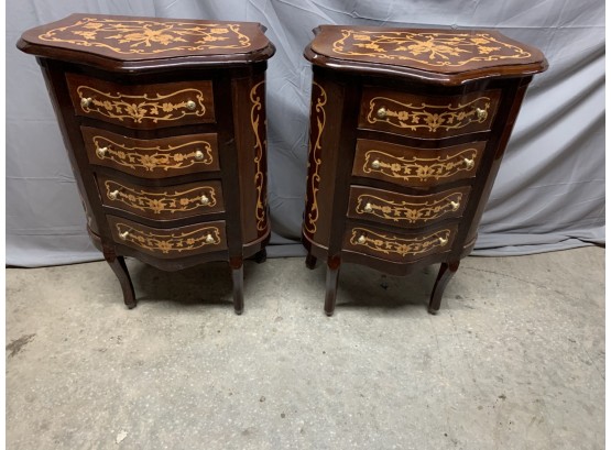 Pair Of 4 Drawer Small Inlaid Decorated Stands