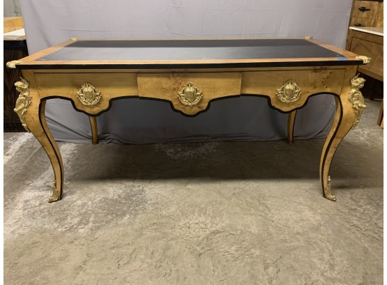 Burled Flat Top French Style Desk With Great Figural Ormolu And 3 Drawers