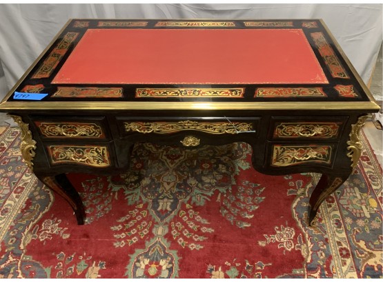Large Black And Brass Inlaid Flat Top Desk