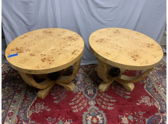 Pair Of Burled Round Side Tables With Black Accent Balls