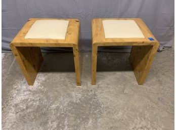 Pair Of Burled Stools/ottomans With A Cream Leather Tops