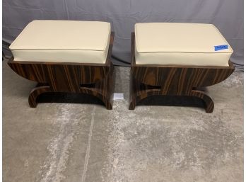 Pair Of Zebra Wood Cream Leather Top Stools/ottomans