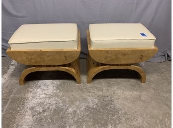 Pair Of Burled Cream Leather Stools Or Ottomans