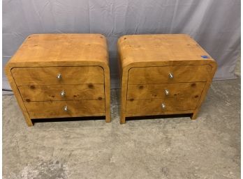 Pair Of Art Deco Burled 3 Drawer Side Tables