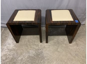 Pair Of Zebra Wood Stools/ottomans With Cream Leather Tops