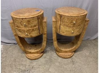 Pair Of Burled 2 Drawer Art Deco Style Side Tables