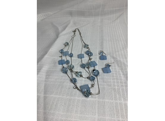 Necklace And Earring Set With Blue Stones And Crystal Spacers, Necklace Has An Extender Attached