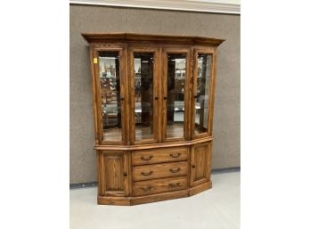 Winners Only Oak Two Part China Closet With Glass Shelves And Mirrored Back