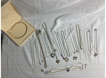 Sterling Silver Jewelry Lot Including Necklaces, Earrings, Pendants And 1 Pin.  259.3 Grams
