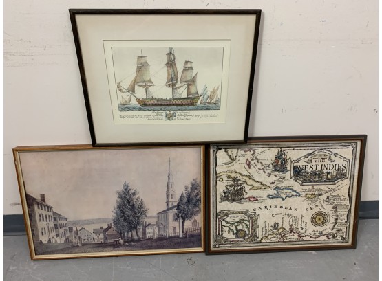 3 Prints Including  Tall Ships And And Meeting House