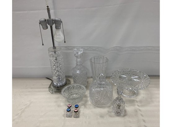 Crystal Glass Lot Including Lamp, Cake Plate, And Decanter