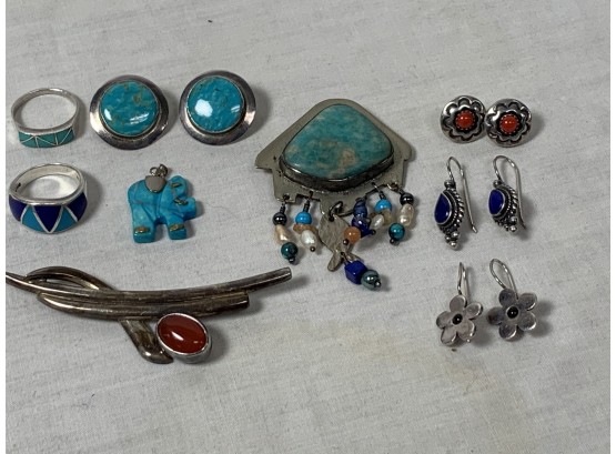 Turquoise And Stone Jewelry Including Mostly Sterling Silver