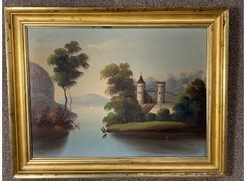 Antique Castle Painting Oil On Canvas With A Great Gold Frame