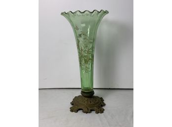 Green Glass Victorian Vase With Brass Ornate Base
