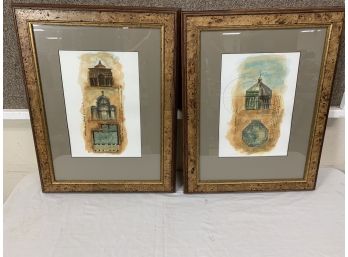 Pair Of Architectural Prints With A Burled Wood Frame