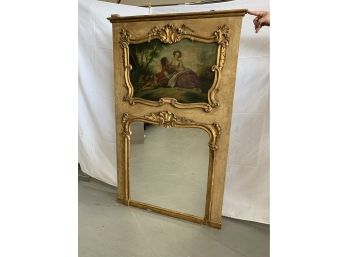French Over The Mantle Gold Mirror With A Painting Inset.