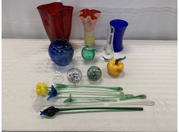 Art Glass With Vases, Flowers And Ornaments