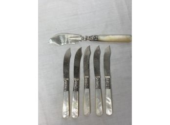 Set Of 6 Mother Of Pearl Handles Knives With Sterling Bands