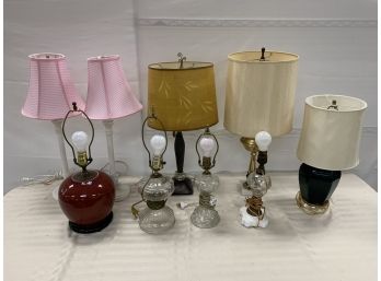 9 Lamp Lot With 3 Antique Oil Lamps