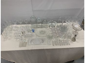 Large Lot Of Clear And Mixed Glass Including Etched, Antique Pressed