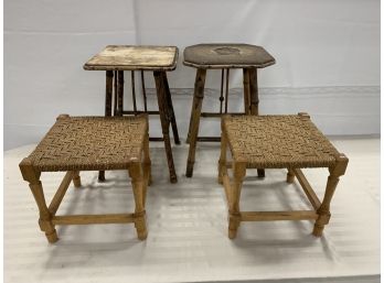 4 Small Stands Or Stools Including Bamboo