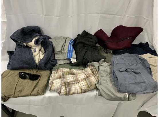 Assorted Lot Of Mens Clothing And A Woman's Sweater And A Hat, Sunglasses
