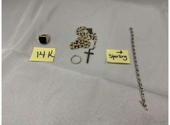 Assorted Jewelry Including A 14K  Ring, A Ring Made From A Quarter, And A Sterling Bracelet