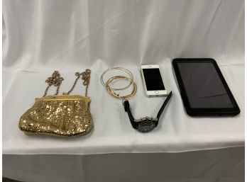 Samsung Tablet, IPhone And A Watch, Earrings And A Ladies Purse