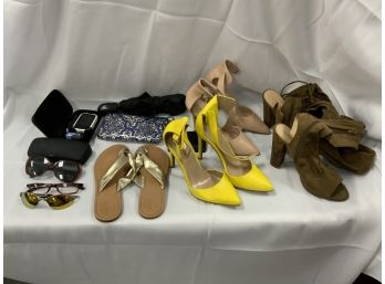 Assorted Lot With Shoes, An Umbrella, Make Up Bag With Contents, Sunglasses, Etc.