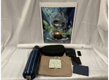 Assorted Lot Of Wallets, Make Up Bags, Water Bottle, Banner And Art Work