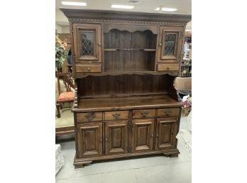 2 Piece Pine Hutch With Curio Top And Cabinet And Drawer Base