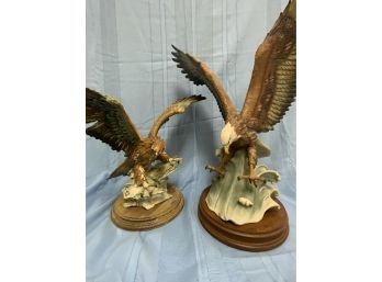 Two Resin Eagles Attached To Wooden Stands