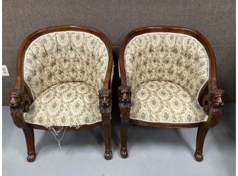 Pair Of Lions Head Carved Arm Chairs High Quality Reproduction