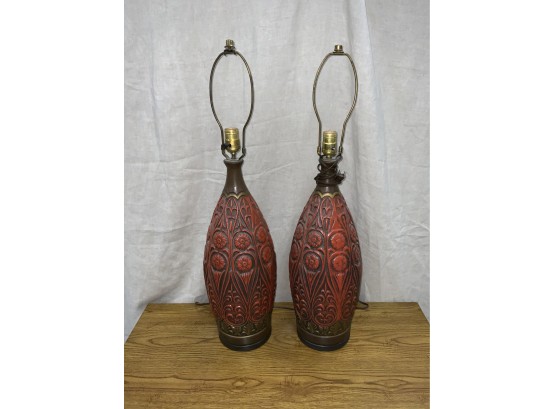 Retro Pair Of Pottery Lamps With Floral Detail