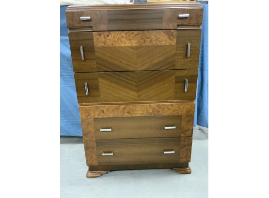 Antique Walnut Art Deco Tall Chest With Chrome Pulls Burled And Inlay Work Across The Base