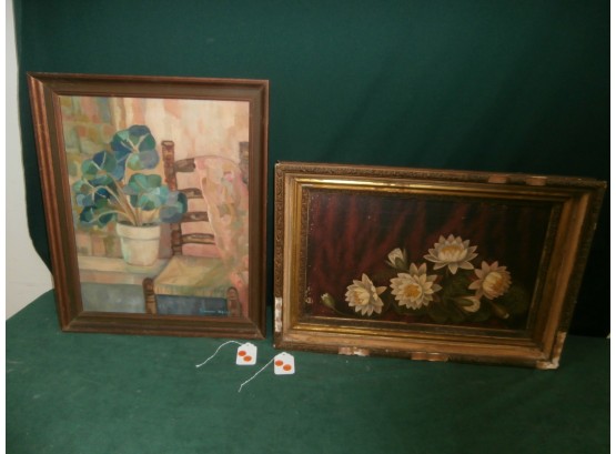 2 Framed Oil On Canvas Still Life's, Signed Donne Wright Flowers And Chair And A Floral