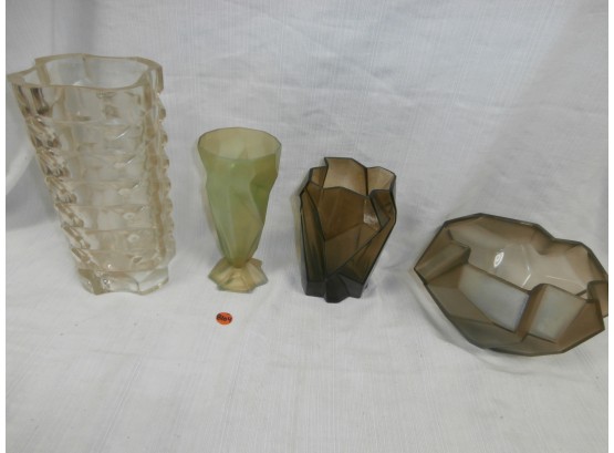 Glassware Including Cubist Design Vases And Bowl And Tall Vase