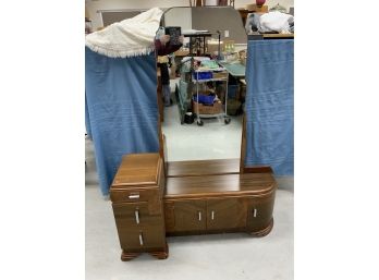 Art Deco Walnut Vanity With Chrome Pulls And Inlay Work And With A Large Mirror