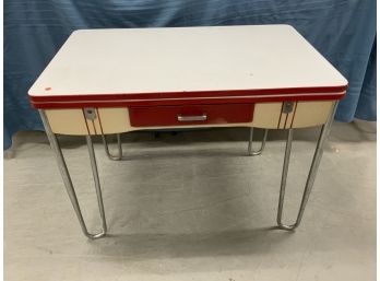 Vintage White And Red Enameled Kitchen Table With 1 Drawer