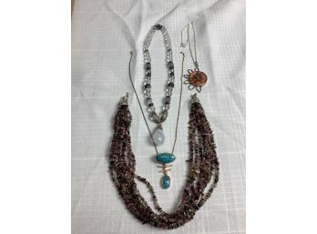 4 STERLING SILVER AND GEMSTONE NECKLACES INCLUDING TURQOUISE