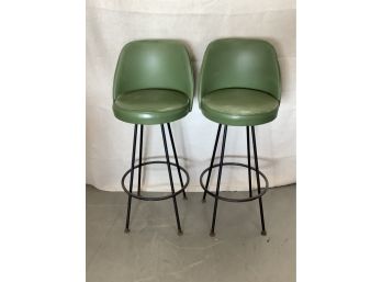 Pair Of Green And Iron Mid Century Style Bar Stools