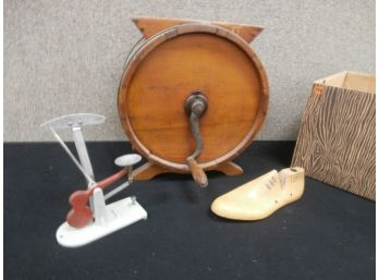 An Assorted Country Lot Including A Butter Churn And A Zenith Egg Grading Scale