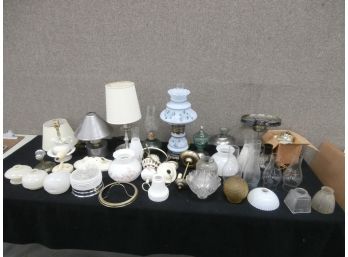 Large Lot Of Lamp And Lighting Fixtures Including Glass Shades, Chimneys, Etc.
