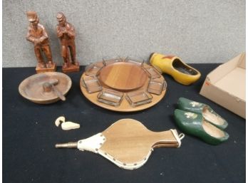 An Assorted Wood Lot Including Figures, Dutch Shoes And Bellows