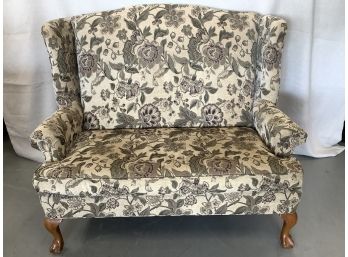 Queen Ann Style Floral Upholstered Wing Back Love Seat With Carved Oak Legs