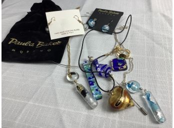 Fashion Jewelry With Murano Glass By Paula Baker, 2 Sets Of Earrings, 4 Necklaces, 1 Pin And 1 Ring  As Is