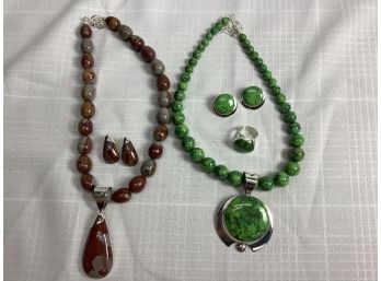 Two Necklace Sets With Earrings, 1 With A Ring All Marked .925