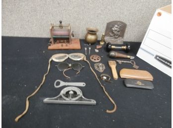 A Miscellaneous Lot Of Assorted Items Including Steam Punk Style Vintage Goggles, Key, Tall Ship Doorstop